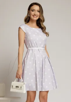 Rochie scurta lila in clos cu buline si curtea in talie imagine