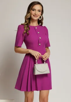 Rochie scurta magenta cu pliuri pe fusta si nasturi pe bust imagine