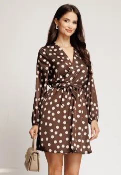 Rochie scurta maro din satin cu buline albe si cordon in talie imagine