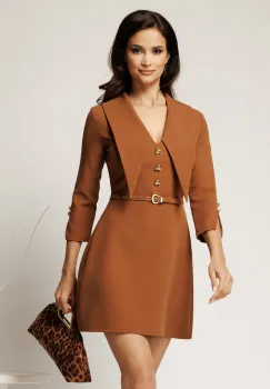 Rochie scurta maro din stofa cu guler maxi ascutit si curea in talie imagine