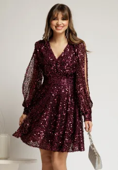 Rochie scurta mov din paiete cu decolteu V si maneci crapate imagine