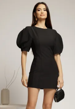 Rochie scurta neagra cu croi cambrat si maneci scurte bufante imagine
