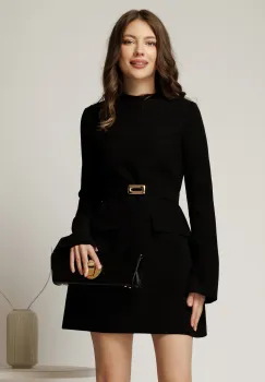 Rochie scurta neagra din stofa cu clapete tip buzunare si curea in talie imagine