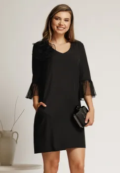 Rochie scurta neagra din stofa cu mansete din voal plisat si floare maxi imagine