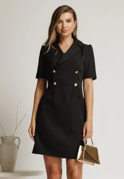 Rochie scurta neagra din stofa cu nasturi pe bust imagine