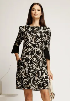 Rochie scurta neagra din voal cu imprimeu ivory si croi cambrat imagine