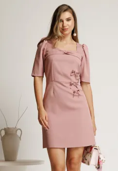 Rochie scurta roz din stofa cu fundite imagine