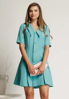 Rochie scurta turcoaz din stofa in clini cu nasturi si guler maxi imagine