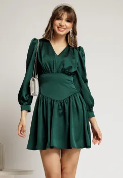 Rochie scurta verde din satin de ocazie imagine
