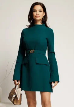 Rochie scurta verde din stofa cu clapete tip buzunare si curea in talie imagine