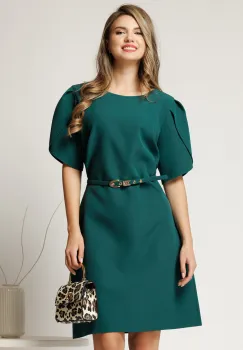 Rochie scurta verde din stofa cu maneci tip lalea si curea in talie imagine