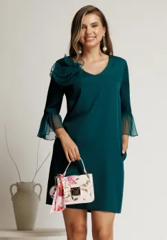 Rochie scurta verde din stofa cu mansete din voal plisat si floare maxi imagine