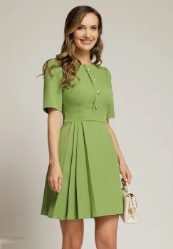 Rochie scurta verde lime cu pliuri pe fusta si nasturi pe bust imagine