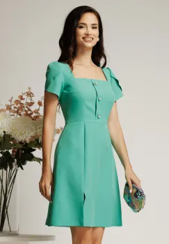 Rochie scurta verde mint din stofa cu nasturi decorativi la bust imagine