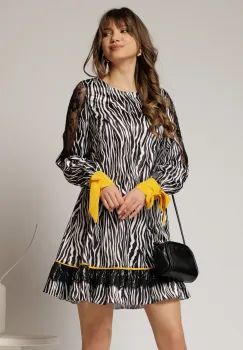 Rochie scurta zebra print din satin cu detalii galbene imagine