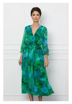 Rochie Serena verde cu animal print si flori albastre imagine