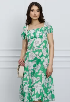 Rochie Simona verde cu imprimeu floral alb imagine