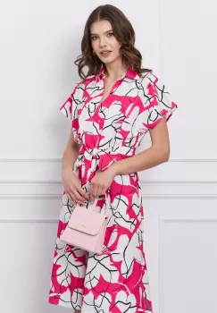 Rochie Sonia alba cu imprimeuri fucsia si curea in talie imagine