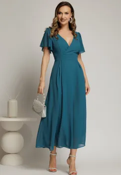 Rochie turcoaz lunga de ocazie din voal cu decolteul petrecut imagine