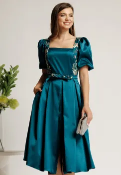 Rochie Valeria midi turcoaz din satin cu broderie florala si paiete la bust imagine