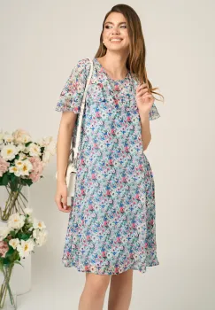 Rochie vaporoasa de zi din voal ivory cu flori bleu si roz imagine