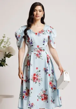 Rochie vaporoasa din satin bleu cu trandafiri roz imagine