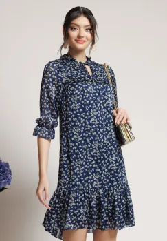 Rochie vaporoasa din voal bleumarin cu floricele albe imagine