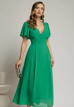 Rochie verde lunga de ocazie din voal cu decolteul petrecut imagine