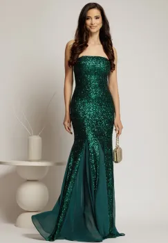 Rochie verde lunga de seara din paiete cu bretele subtiri si insertii de voal pe fusta imagine
