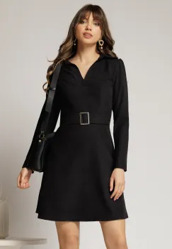 Rochis scurta neagra din catifea reiata si catarama in talie imagine