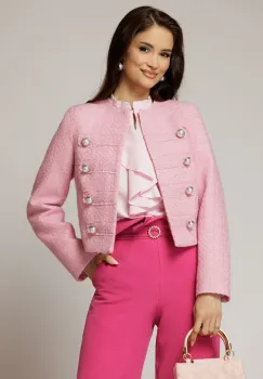 Sacou DY Fashion roz din tweed si nasturi decorativi imagine