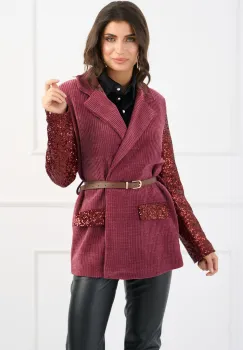 Sacou elegant din velur magenta cu maneci din paiete si curea in talie imagine