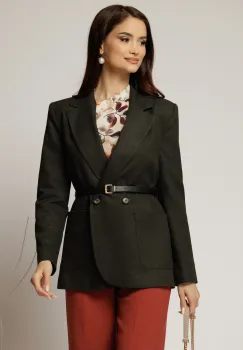 Sacou gri din stofa cu croi drept si curea in talie imagine