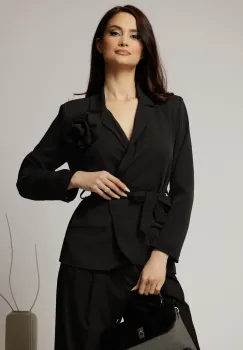 Sacou negru cu floare la bust si cordon in talie imagine