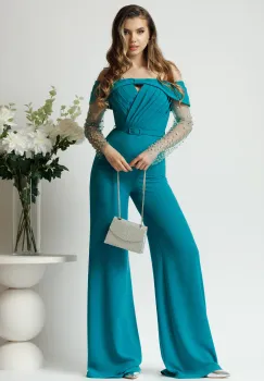 Salopeta eleganta din crep turcoaz cu maneci din tull cu strasuri imagine