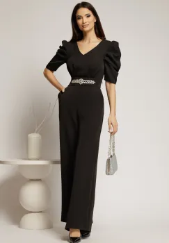 Salopeta Emma lunga neagra de ocazie cu accesoriu pe talie imagine