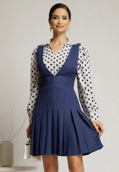 Sarafan DY Fashion albastru din stofa cu pliuri si decolteu adanc imagine