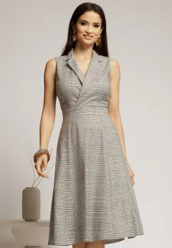 Sarafan DY Fashion din carou bej cu decolteu petrecut imagine