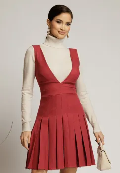 Sarafan DY Fashion rosu din stofa cu pliuri si decolteu adanc imagine