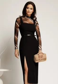 Set din sarafan negru din stofa cu croi conic si bluza gri din tull cu imprimeu imagine