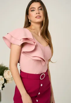 Top DY Fashion elegant din barbi roz cu volan maxi pe umar imagine