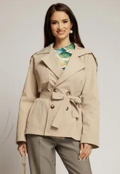 Trench scurt bej cu rever si cordon in talie imagine