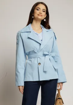 Trench scurt bleu cu rever si cordon in talie imagine