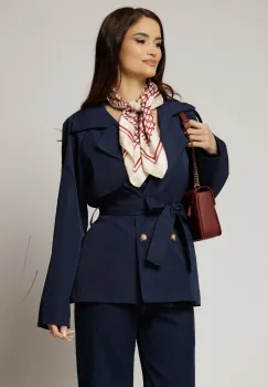 Trench scurt bleumarin cu rever si cordon in talie imagine