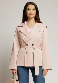 Trench scurt roz cu rever si cordon in talie imagine