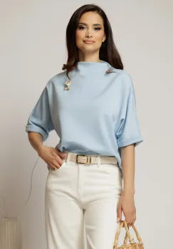 Tricou bleu cu brosa si croi lejer cu adaos de viscoza imagine