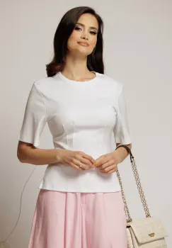 Tricou casual alb din bumbac cu maneci scurte si pense de cambraj imagine