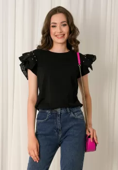 Tricou Mara negru cu dantela si strasuri la maneci imagine