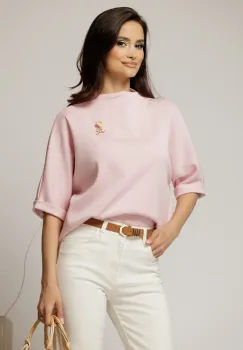 Tricou roz cu brosa si croi lejer cu adaos de viscoza imagine