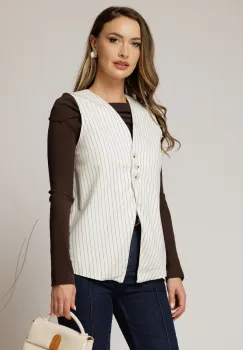 Vesta casual alba cu dungi cu adaos de viscoza imagine